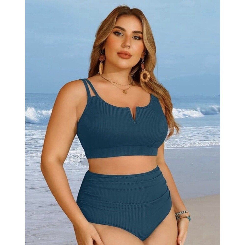 Women Plus Size High Waisted Bikini Ribbed Two Piece Swimsuit Tummy Control 20W